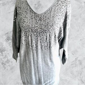 Elle Elegant V-Neck Silver Sequin Sweater Women’s Size Medium